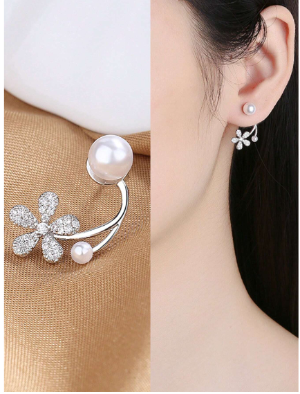 Zircon Flower Pearl Front Back Earrings