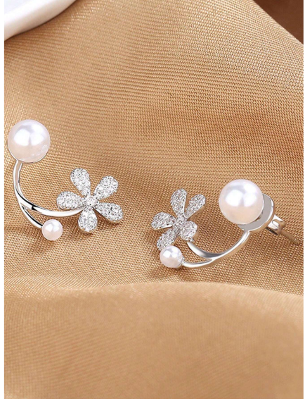 Zircon Flower Pearl Front Back Earrings