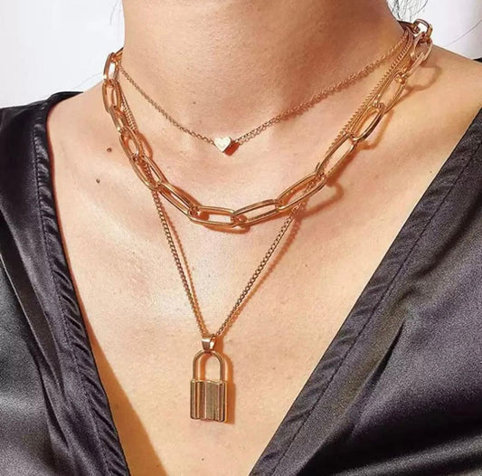 Stylish Multi Layer Lock Necklace for Girls & Women - Golden - GOAT Mart