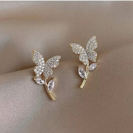 Golden Butterfly Flower Style Zircon Studs Earrings