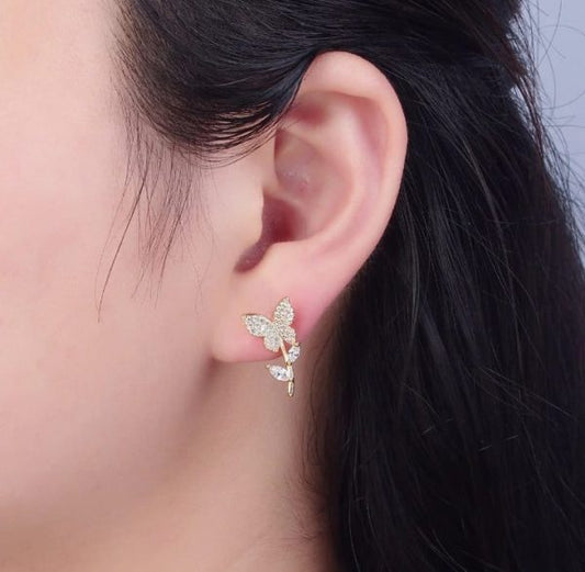 Golden Butterfly Flower Style Zircon Studs Earrings