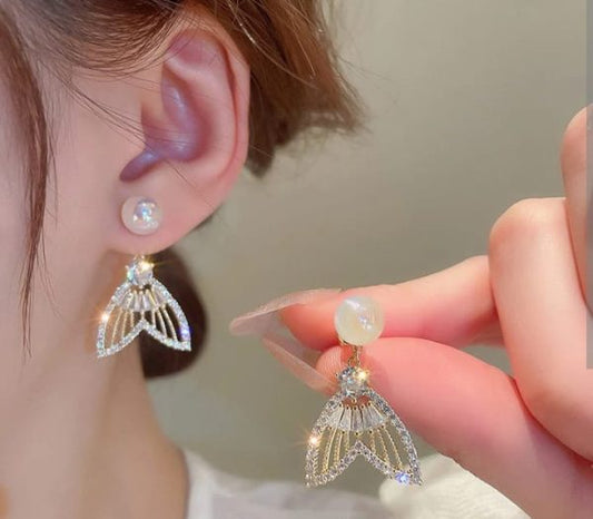 Fishtail Luxury Sparkling Crystal Rhinestones Pearl Earrings