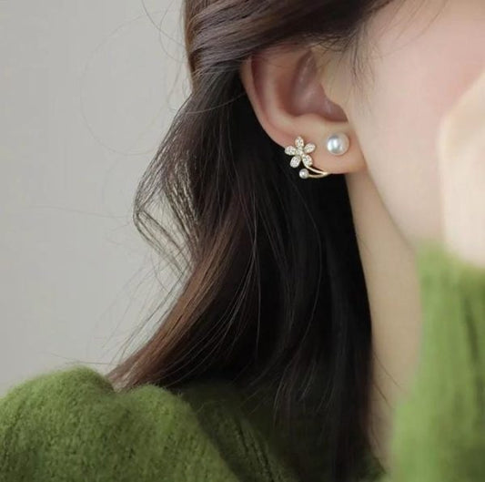 Zircon Flower Pearl Front Back Earrings